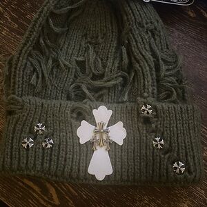 Chrome Green Knit Beanie with Cross and Studs